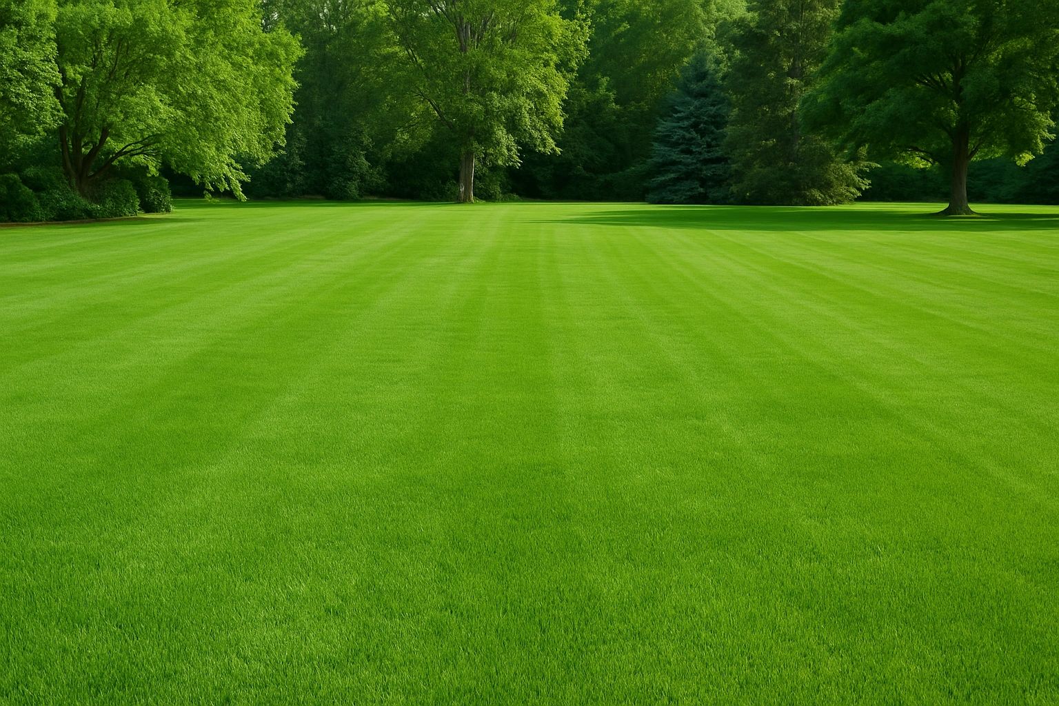 Wide-angle photograph of a perfect Kentucky bluegrass lawn, lush and uniform with deep green color and fine texture, bordered by mature trees.