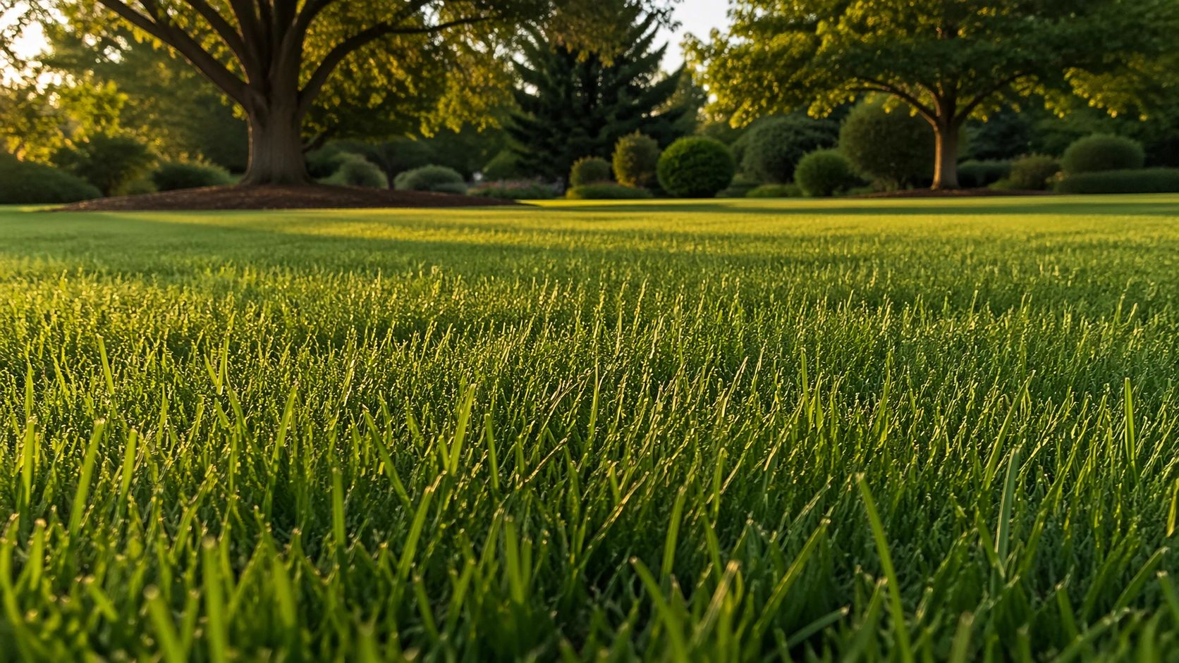Wide-angle photograph of a dark green tall fescue lawn at golden hour, viewed from low to the ground, with dense fine-textured grass in sharp focus and mature trees softly blurred in the background.