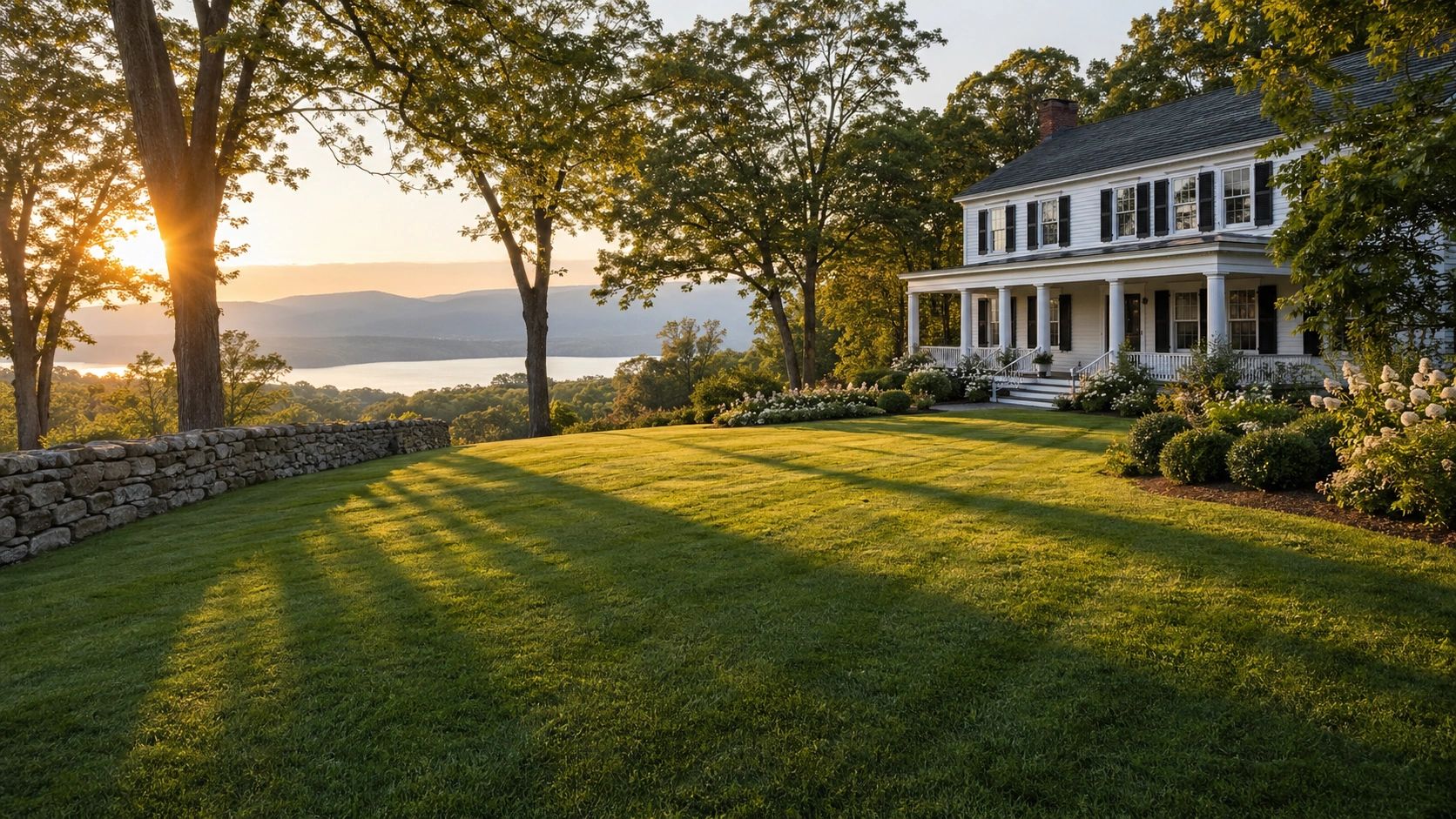  Premium Hudson Valley estate lawn with mature Kentucky bluegrass framed by sugar maples and oaks, classic white Federal-style country home with black shutters and covered porch, Hudson River and Catskill Mountains visible in the background under golden hour light