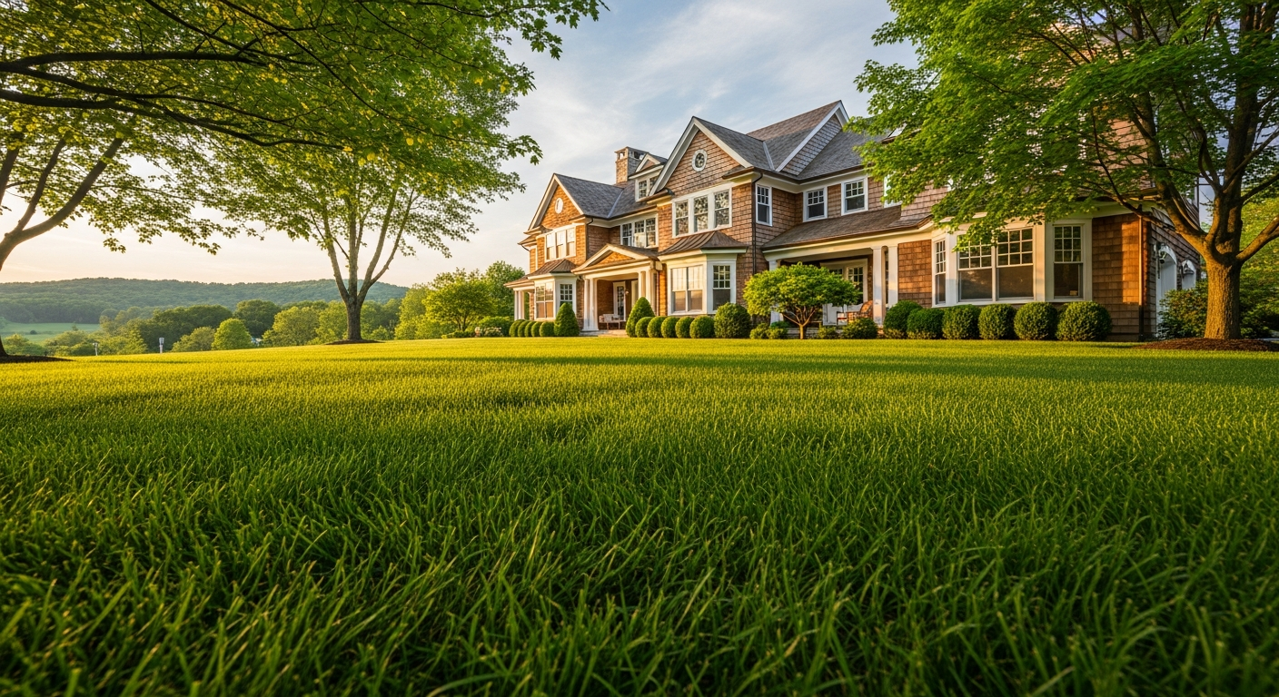 Established estate lawn in the Hudson Valley with mature trees