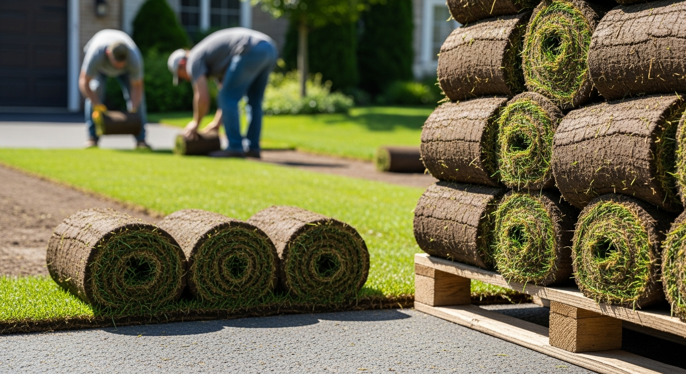 Fresh sod pallet recently delivered showing tight green rolls ready for immediate install