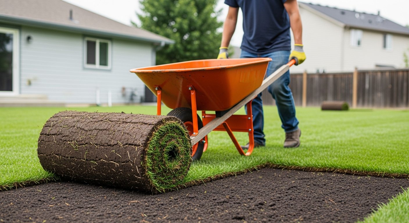 sod being moved with wheel barrow