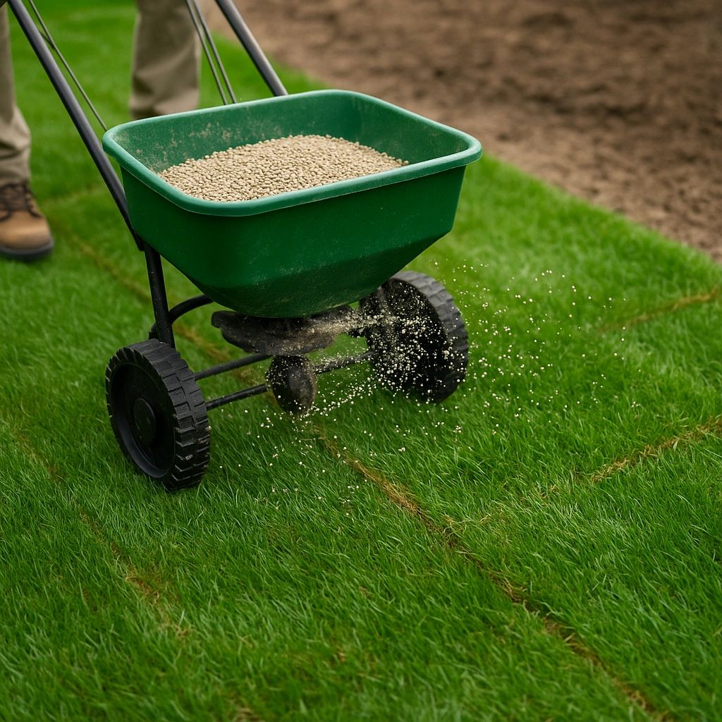 Fertilizer being applied to newly installed sod on a New England lawn